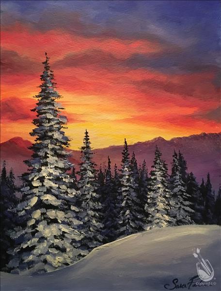 Paint With a Purpose - Sunset Over Snowy Pines